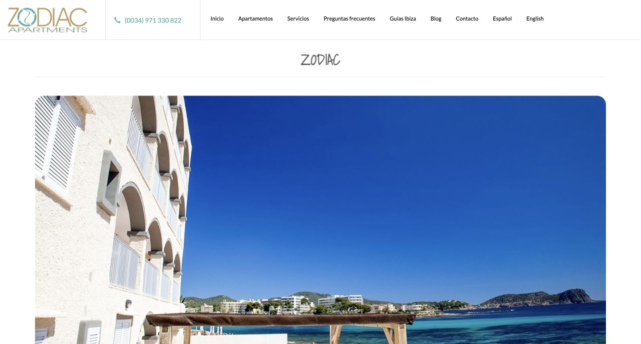 Captura de la página de inicio de Zodiac Apartments Ibiza